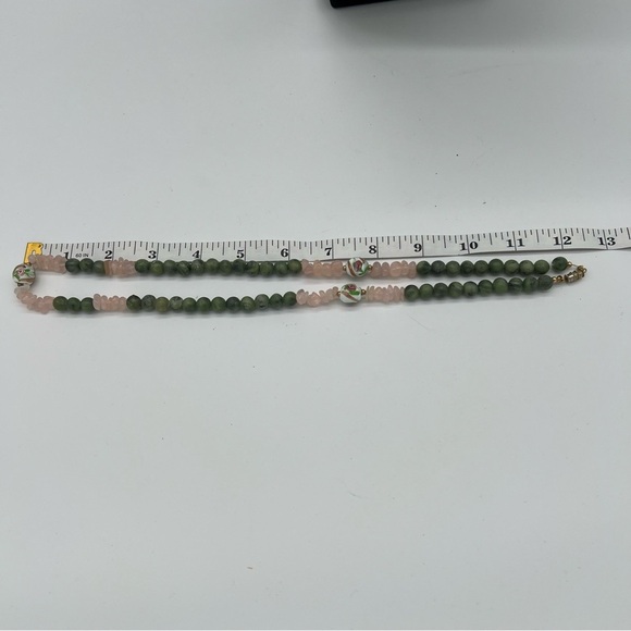 Vintage Jade & Rose Quartz Beaded Necklace – Cloisonné Floral Beads - Picture 7 of 7